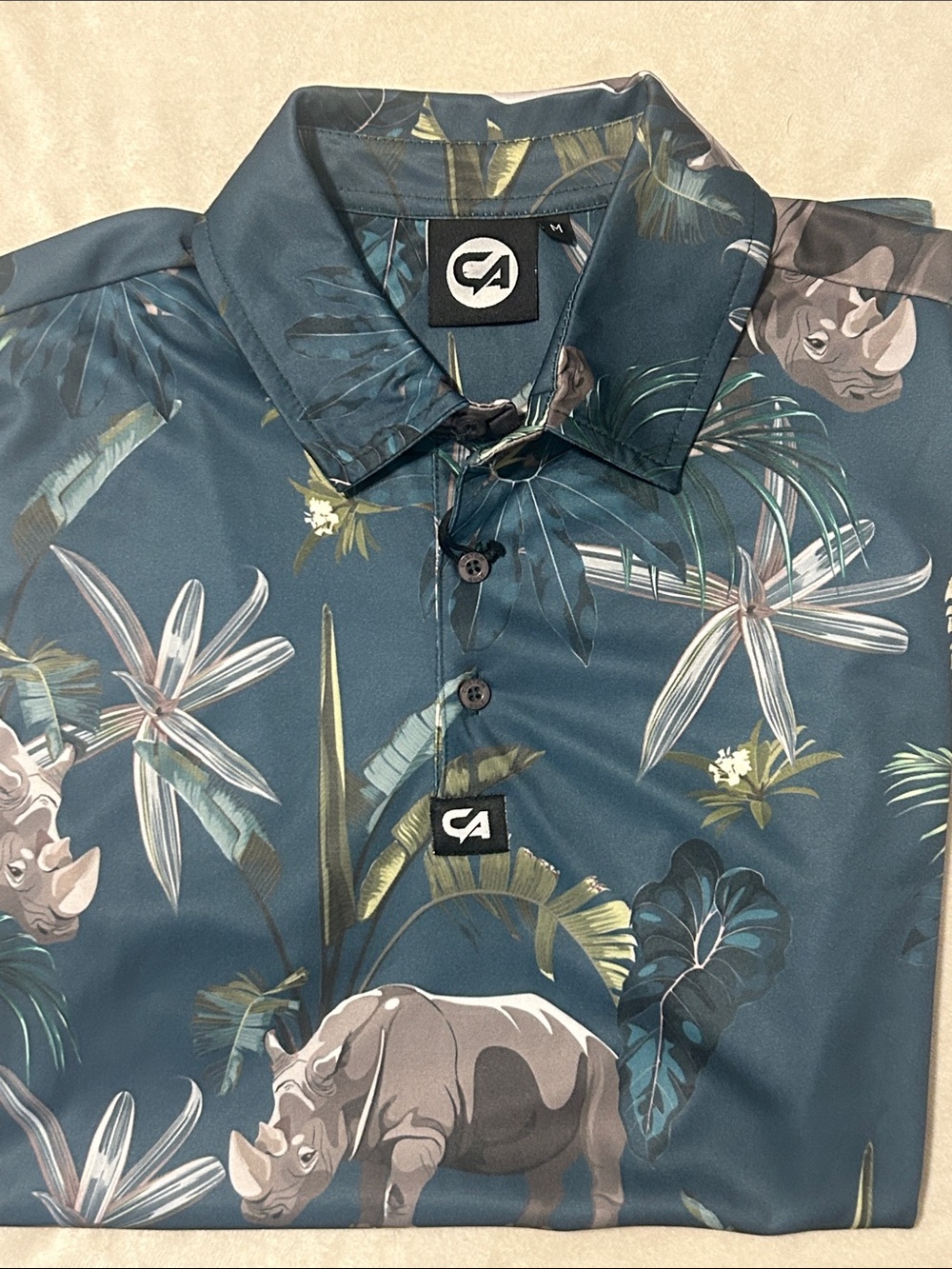 NEW Custom Apparel CA Funky Golf Shirt Rhinos In The Wild Polo Mens Medium